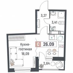 ЖК «Авиатор» (Девяткино), планировка студии, 26.09 м²