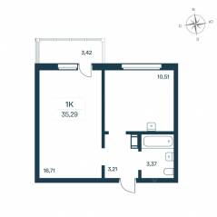 ЖК «Расцветай в Янино», планировка 1-комнатной квартиры, 35.30 м²