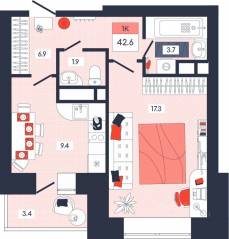 ЖК «Феникс», планировка 1-комнатной квартиры, 42.60 м²