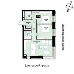ЖК «Шелепиха», планировка 2-комнатной квартиры, 78.20 м²