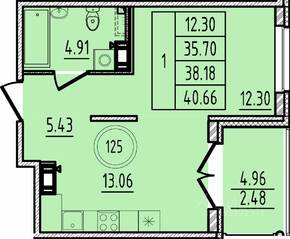 МЖК «Образцовый квартал 14», планировка 1-комнатной квартиры, 35.70 м²