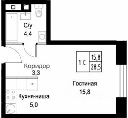 Апарт-комплекс «Aist Residence», планировка студии, 28.50 м²