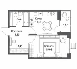 ЖК «Одинбург», планировка 1-комнатной квартиры, 41.49 м²