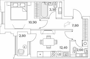 ЖК «Тайм Сквер», планировка 1-комнатной квартиры, 38.60 м²