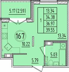 МЖК «Образцовый квартал 17», планировка 1-комнатной квартиры, 34.38 м²