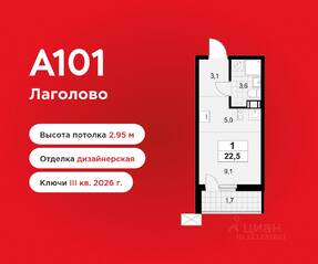 ЖК «А101 Лаголово», планировка студии, 22.50 м²