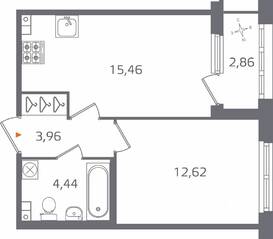 ЖК «Б15», планировка 1-комнатной квартиры, 37.91 м²