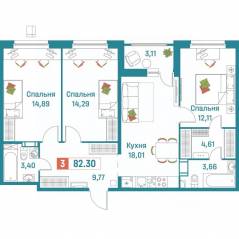 ЖК «Графика», планировка 3-комнатной квартиры, 82.30 м²