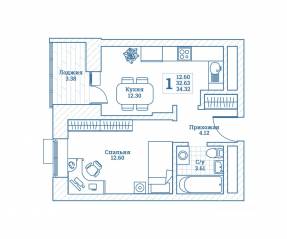 ЖК «Новоград Монино», планировка 1-комнатной квартиры, 34.60 м²