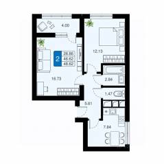 ЖК «Химки Тайм», планировка 2-комнатной квартиры, 48.62 м²