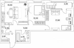ЖК «Тайм Сквер», планировка 2-комнатной квартиры, 69.70 м²