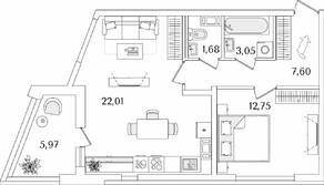 ЖК «Лайнеръ», планировка 1-комнатной квартиры, 50.08 м²