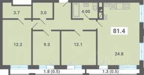 МЖК «Южная Долина», планировка 3-комнатной квартиры, 81.40 м²