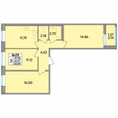 ЖК «Рождественский квартал», планировка 3-комнатной квартиры, 66.84 м²