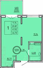 МЖК «Образцовый квартал 16», планировка 1-комнатной квартиры, 39.87 м²