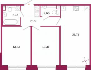 ЖК «Дом на Курской», планировка 2-комнатной квартиры, 62.81 м²