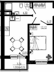 МЖК «Liberty dom», планировка 1-комнатной квартиры, 37.57 м²