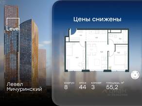 ЖК «Level Мичуринский», планировка 3-комнатной квартиры, 55.20 м²