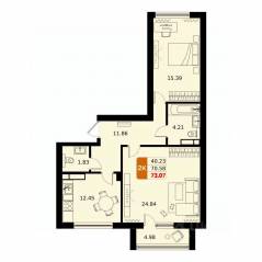 ЖК «ДОМодедово Парк», планировка 2-комнатной квартиры, 73.07 м²