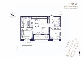 ЖК «Ranta Residence», планировка 2-комнатной квартиры, 62.94 м²