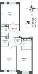 ЖК «Киноквартал», планировка 2-комнатной квартиры, 63.40 м²