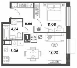 ЖК Арт-квартал «Публицист», планировка 1-комнатной квартиры, 42.06 м²