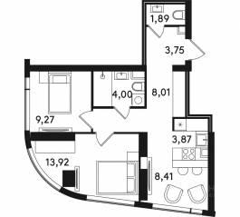 ЖК «Solos», планировка 2-комнатной квартиры, 53.12 м²