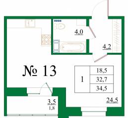 ЖК «Орловский бульвар», планировка студии, 34.50 м²