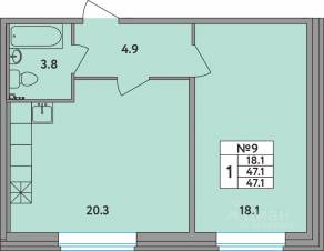 ЖК «Удача», планировка 1-комнатной квартиры, 47.10 м²