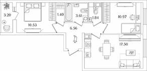 ЖК «Кинопарк», планировка 2-комнатной квартиры, 54.01 м²