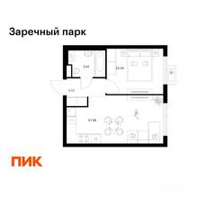 ЖК «Заречный парк», планировка 1-комнатной квартиры, 36.09 м²