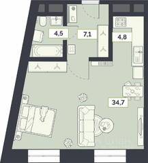ЖК «Лайм», планировка 1-комнатной квартиры, 51.10 м²