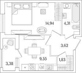 ЖК «Гранат», планировка 1-комнатной квартиры, 35.94 м²
