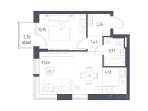 ЖК «Квартал Авиаторов», планировка 1-комнатной квартиры, 41.45 м²