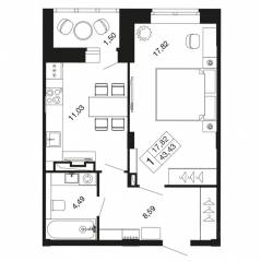 ЖК «Времена года», планировка 1-комнатной квартиры, 43.43 м²