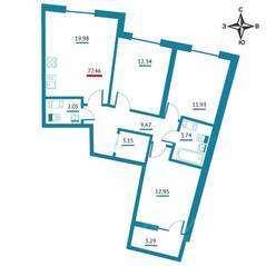 ЖК «Левитан», планировка 3-комнатной квартиры, 77.46 м²