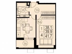 ЖК «River Park», планировка 1-комнатной квартиры, 39.90 м²