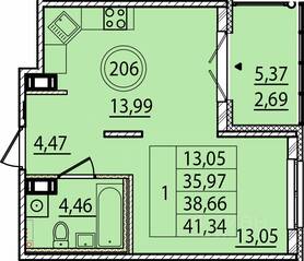 МЖК «Образцовый квартал 15», планировка 1-комнатной квартиры, 35.97 м²