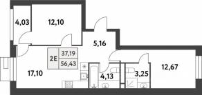 ЖК «Smart Garden», планировка 2-комнатной квартиры, 56.40 м²