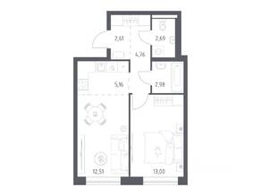 ЖК «Квартал Авиаторов», планировка 1-комнатной квартиры, 43.71 м²