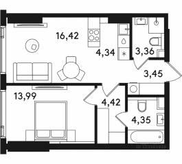 ЖК «Solos», планировка 1-комнатной квартиры, 50.60 м²