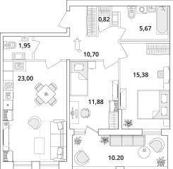 ЖК «Cube», планировка 2-комнатной квартиры, 74.60 м²