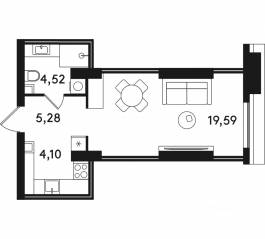 ЖК «Solos», планировка 1-комнатной квартиры, 33.49 м²
