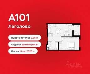 ЖК «А101 Лаголово», планировка 1-комнатной квартиры, 40.90 м²