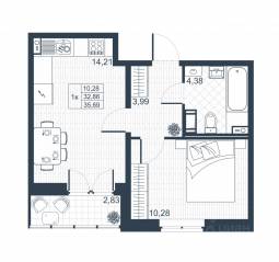 ЖК «Ново-Антропшино», планировка 1-комнатной квартиры, 34.28 м²