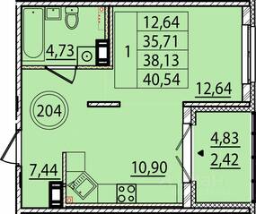 МЖК «Образцовый квартал 15», планировка 1-комнатной квартиры, 35.71 м²