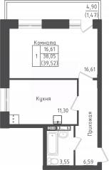 ЖК «Зеленый Оазис-Город», планировка 1-комнатной квартиры, 39.52 м²