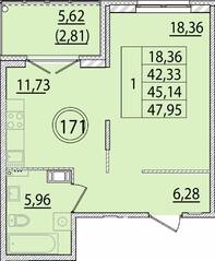 МЖК «Образцовый квартал 15», планировка 1-комнатной квартиры, 42.33 м²