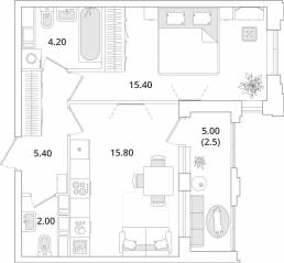 ЖК «Тайм Сквер», планировка 1-комнатной квартиры, 45.40 м²