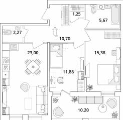 ЖК «Cube», планировка 2-комнатной квартиры, 75.10 м²